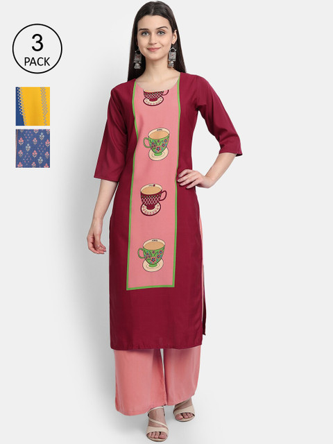 

Ethnic basket Women Pack Of 3 Printed Crepe Kurta, Maroon