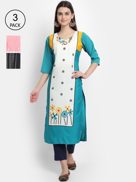 

Ethnic basket Women Pack of 3 Multicoloured Ethnic Motifs Printed Thread Work Crepe Kurta, Multi