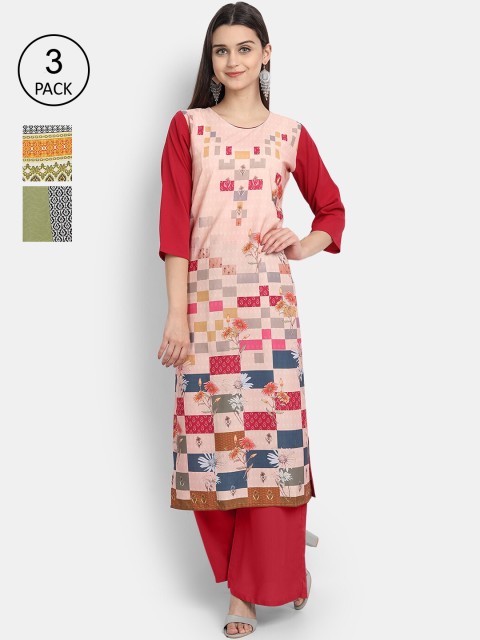 

Ethnic basket Women Pack of 3 Multicoloured Floral Printed Crepe Kurta, Multi