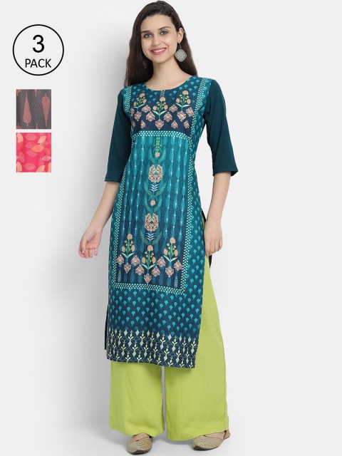 

Ethnic basket Pack of 3 Ethnic Motifs Printed Crepe Kurta, Green