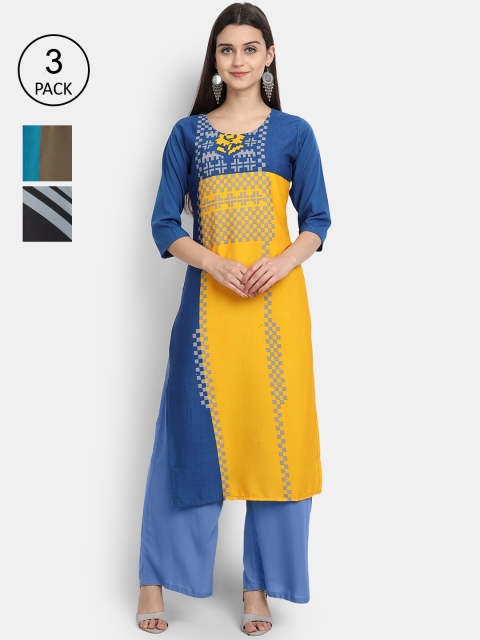 

Ethnic basket Women Multicoloured Set Of 3 Ethnic Motifs Printed Crepe Kurta, Multi