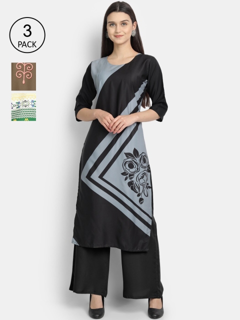 

Ethnic basket Women Set Of 3 Multicoloured Ethnic Motifs Printed Crepe Kurta, Multi