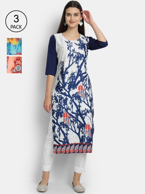 Ethnic basket Women White & Peach-Coloured Floral Printed Crepe Kurta Pack Of 3