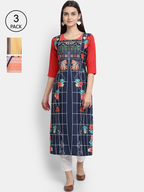 

Ethnic basket Women Pack of 3 Multicoloured Geometric Printed Crepe Kurtas, Multi