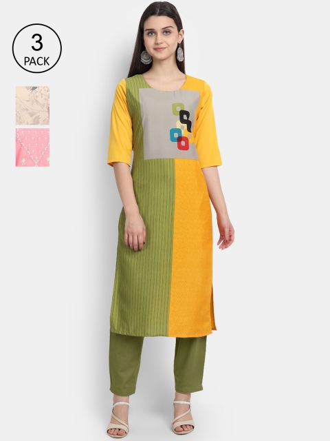 

Ethnic basket Pack of 3 Printed Kurtas, Yellow