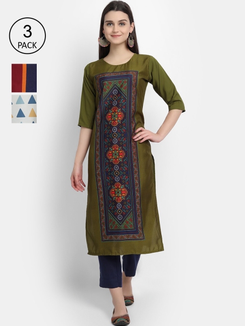 

Ethnic basket Women Pack Of 3 Digital Print Straight Crepe Kurtas, Multi