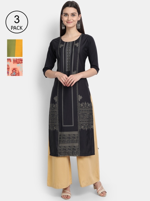 

Ethnic basket Women Black & Yellow Set of 3 Printed Crepe Kurta
