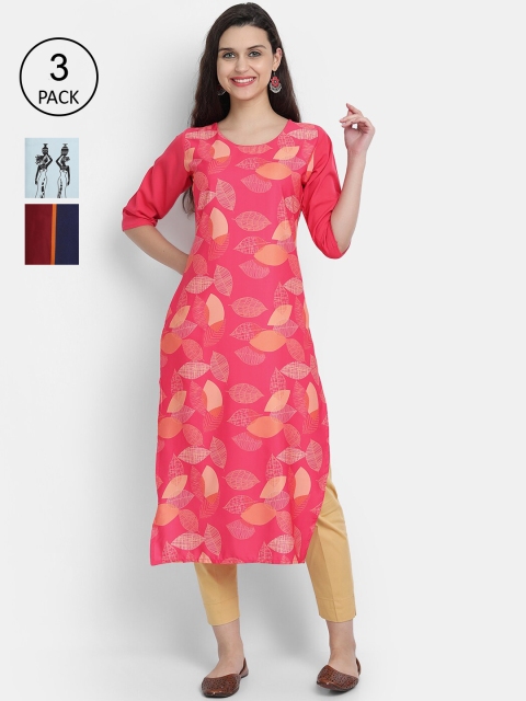 

Ethnic basket Women Pack Of 3 Geometric Printed Crepe Straight Kurtas, Multi