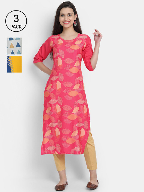 

Ethnic basket Women Pack Of 3 Geometric Printed Crepe Kurta, Pink