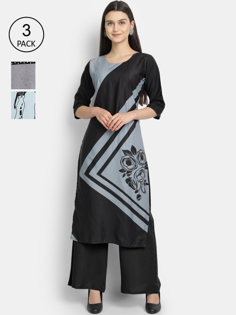 

Ethnic basket Women Set Of 3 Multicoloured Ethnic Motifs Printed Crepe Kurta, Multi