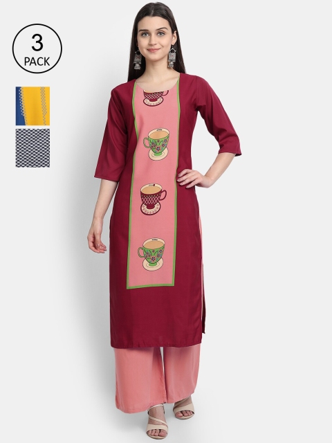 

Ethnic basket Women Pack Of 3 Straight Kurtas, Maroon