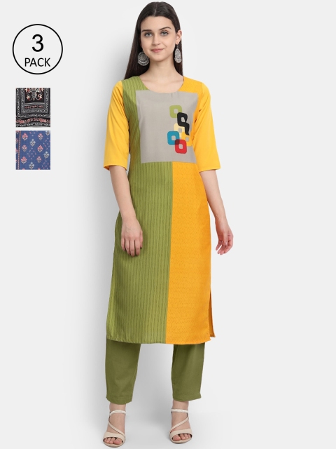 

Ethnic basket Pack of 3 Ethnic Motifs Printed Crepe Kurta, Yellow
