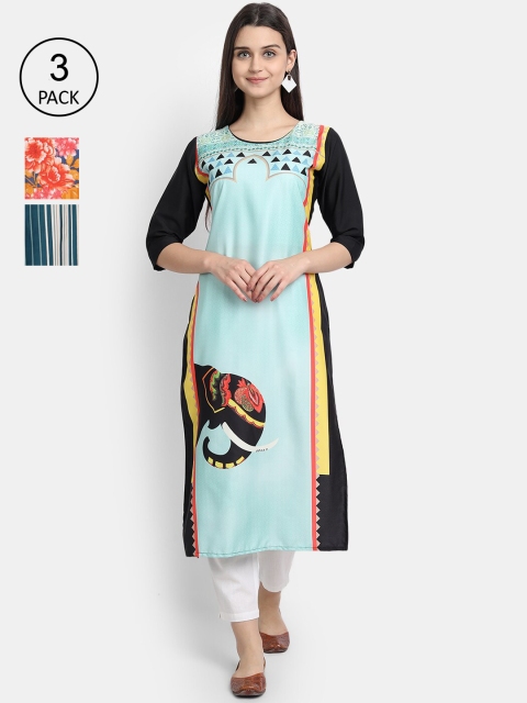 

Ethnic basket Women Set Of 3 Blue & Yellow Ethnic Motifs Printed Crepe Kurta