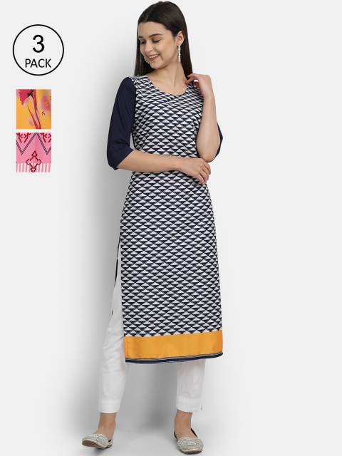 

Ethnic basket Women Pack Of 3 Printed Crepe Kurta, Navy blue