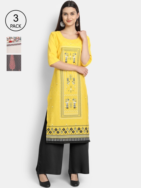 

Ethnic basket Women Pack Of 3 Straight Kurtas, Yellow