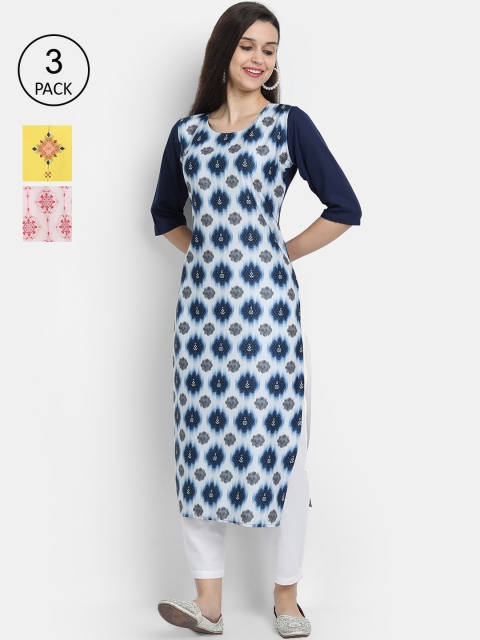 

Ethnic basket Women Set Of 3 Blue & Pink Floral Printed Crepe Kurta