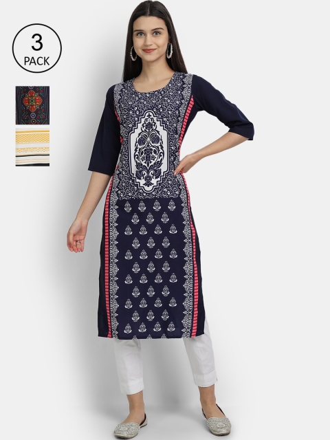 Ethnic basket Women Pack of 3 Multicoloured Floral Printed Crepe Kurta, Multi