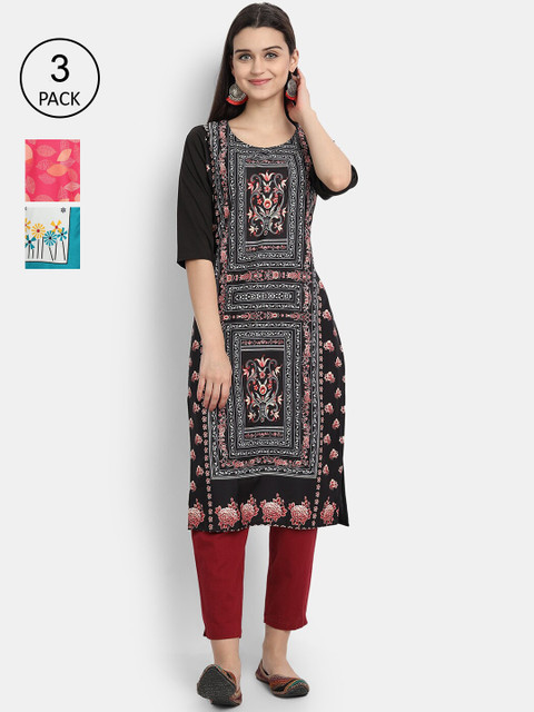 

Ethnic basket Women Pack of 3 Multicoloured Floral Printed Crepe Kurta, Multi
