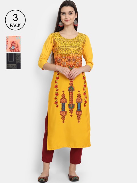 

Ethnic basket Pack of 3 Ethnic Motifs Printed Crepe Kurta, Mustard