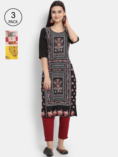 

Ethnic basket Women Pack Of 3 Printed Crepe Kurta, Black