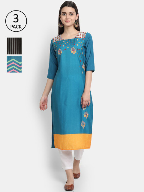

Ethnic basket Women Set Of 3 Blue & Red Floral Printed Crepe Kurta