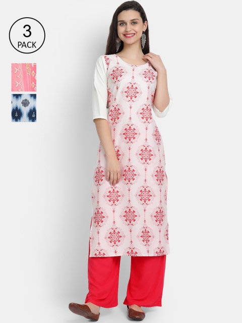 

Ethnic basket Women Pack Of 3 Printed Crepe Kurta, White