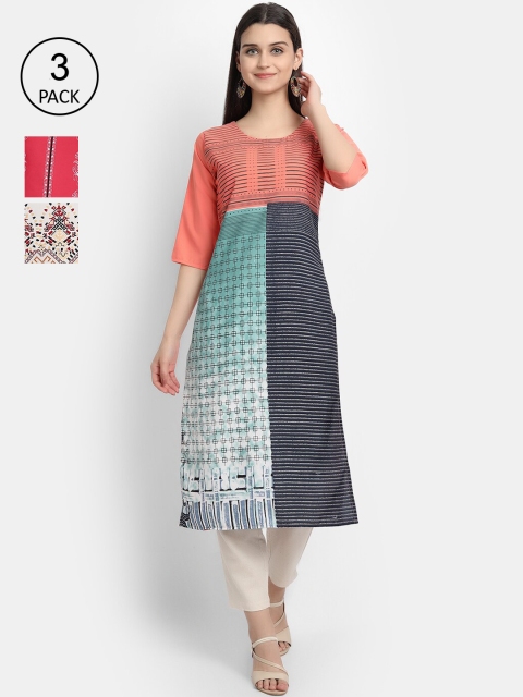 

Ethnic basket Women Set Of 3 Multicoloured Printed Crepe Kurta, Multi