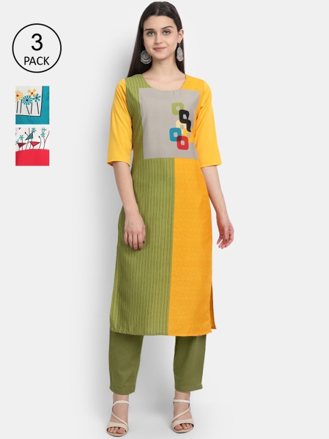 

Ethnic basket Women Set Of 3 Multicoloured Ethnic Motifs Printed Crepe Kurta, Multi