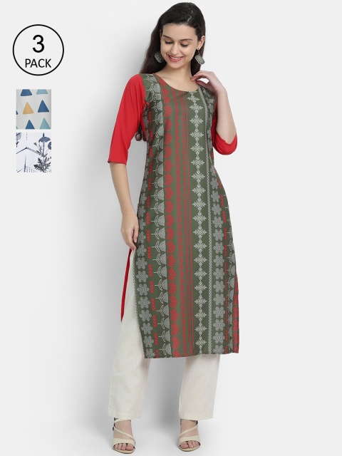 

Ethnic basket Women Pack Of 3 Digital Print Straight Crepe Kurtas, Multi