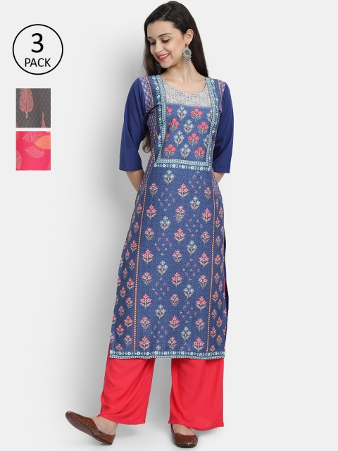 

Ethnic basket Women Multicoloured Set Of 3 Ethnic Motifs Printed Crepe Kurta, Multi