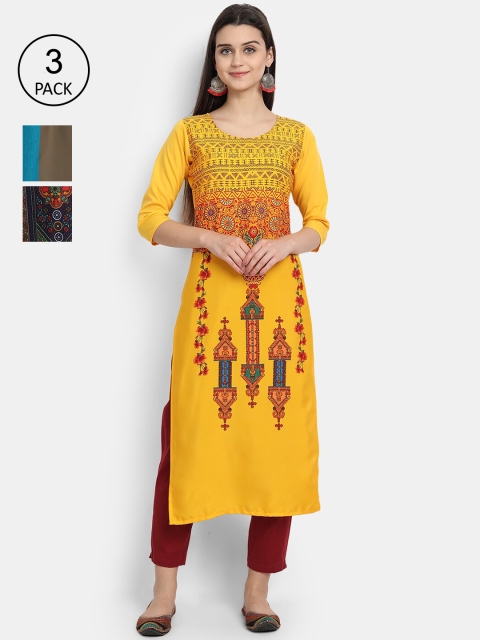 

Ethnic basket Women Pack Of 3 Straight Kurtas, Yellow