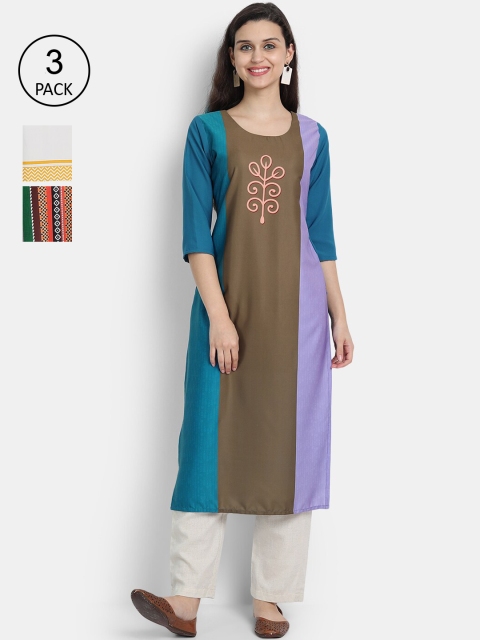 

Ethnic basket Women Pack of 3 Multicoloured Floral Striped Crepe Kurta, Multi