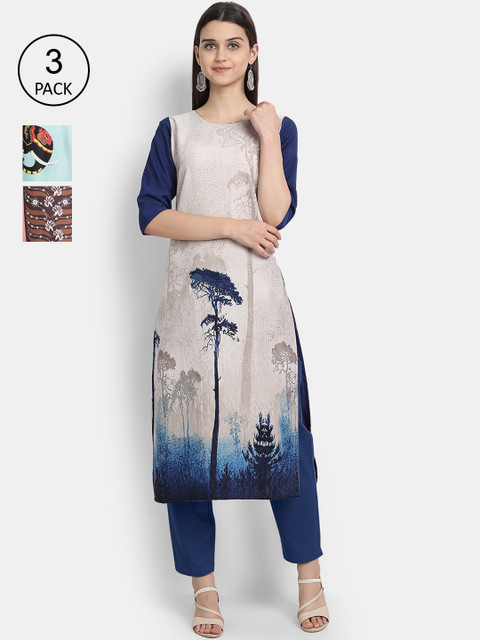 

Ethnic basket Pack of 3 Ethnic Motifs Printed Crepe Kurta, Grey
