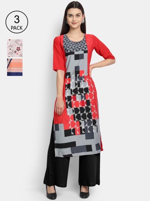 

Ethnic basket Women Red & Black Set of 3 Floral Printed Crepe Kurta