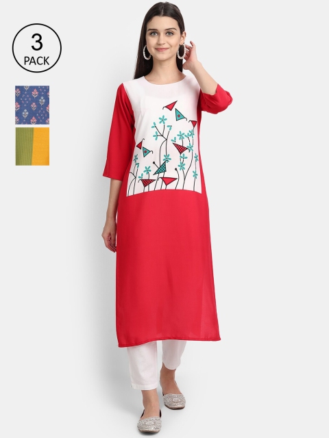 

Ethnic basket Women Multicoloured Set Of 3 Ethnic Motifs Printed Crepe Kurta, Multi