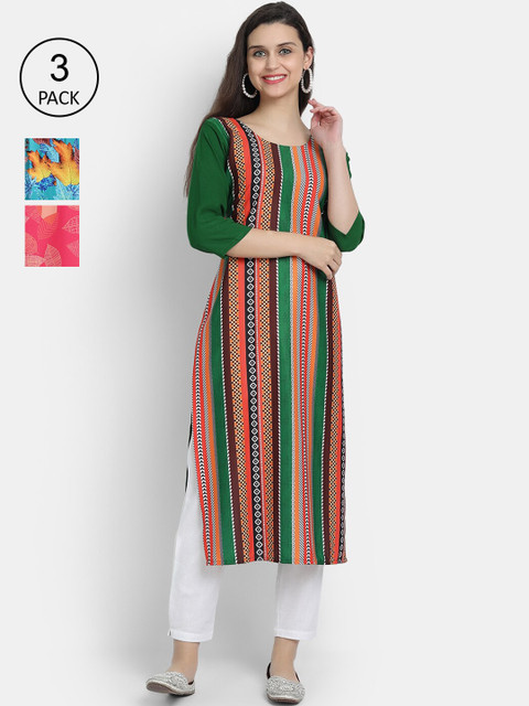 

Ethnic basket Pack of 3 Ethnic Motifs Printed Crepe Kurta, Green