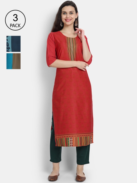 

Ethnic basket Women Red & Black Set Of 3 Ethnic Motifs Printed Crepe Kurta