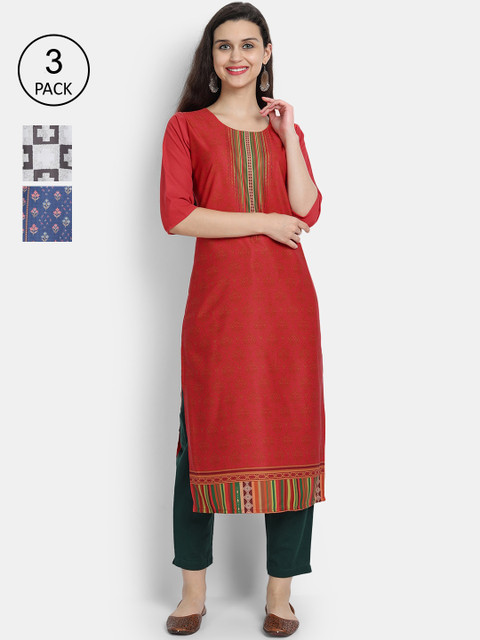 

Ethnic basket Women Pack Of 3 Printed Crepe Kurta, Red