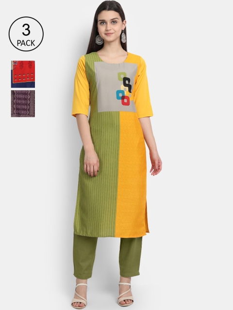 

Ethnic basket Women Multicoloured Set Of 3 Ethnic Motifs Printed Crepe Kurta, Multi