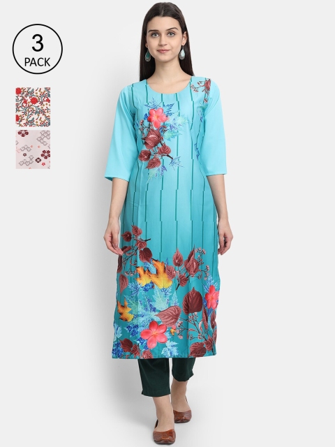 

Ethnic basket Women Pack Of 3 Floral Printed Crepe Kurta, Blue