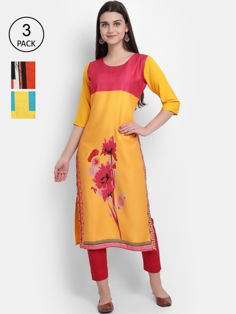

Ethnic basket Women Pack Of 3 Printed Crepe Kurta, Yellow