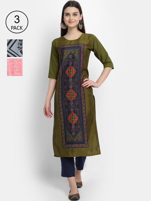 

Ethnic basket Women Pack of 3 Multicoloured Printed Crepe Straight Kurta, Multi