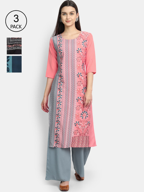 

Ethnic basket Pack of 3 Printed Kurtas, Pink