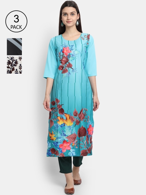 

Ethnic basket Pack of 3 Ethnic Motifs Printed Crepe Kurta, Blue