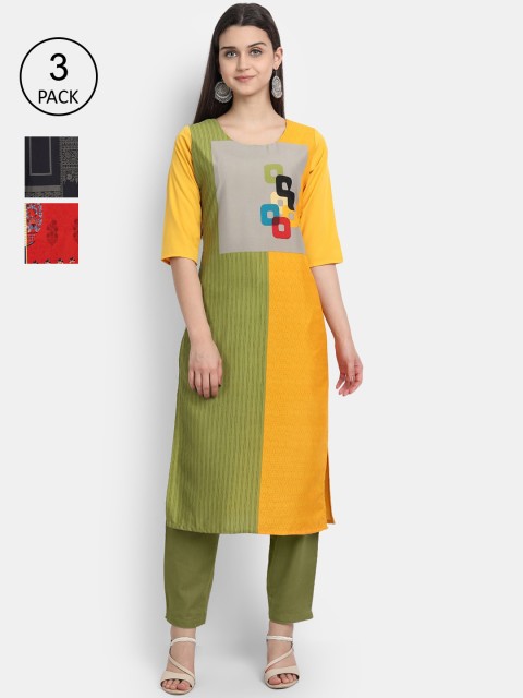 

Ethnic basket Pack of 3 Ethnic Motifs Printed Crepe Kurta, Yellow