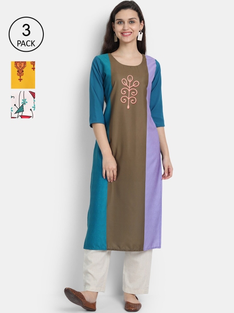 

Ethnic basket Women Multicoloured Set Of 3 Ethnic Motifs Printed Crepe Kurta, Multi