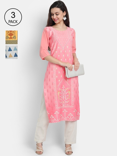 

Ethnic basket Women Pack of 3 Multicoloured Printed Crepe Straight Kurta, Multi