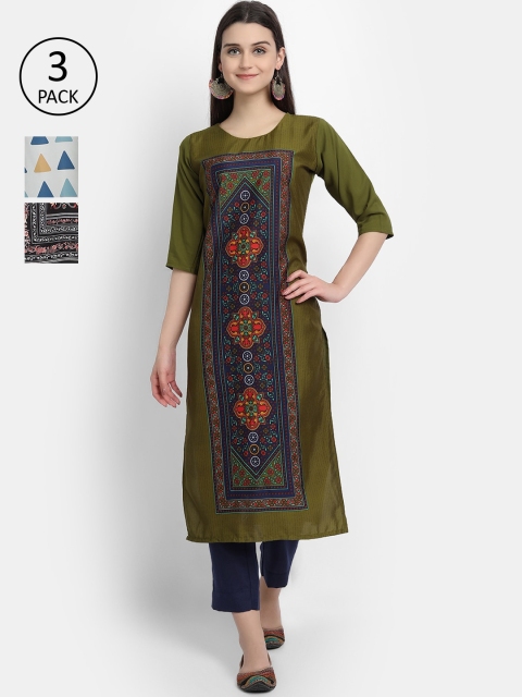 

Ethnic basket Women Pack Of 3 Printed Crepe Kurta, Green