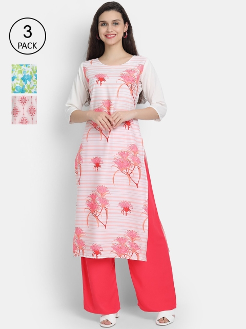

Ethnic basket Pack of 3 Floral Printed Crepe Kurta, White