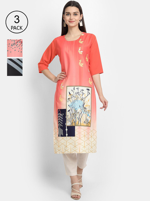 

Ethnic basket Women Multicoloured Geometric Printed Thread Work Crepe Kurta, Multi